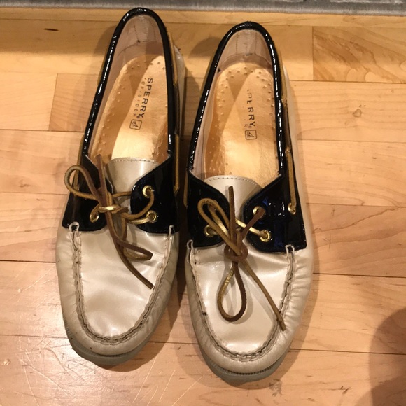 Sperry Shoes - Sperry gold and black patent leather boat shoes.